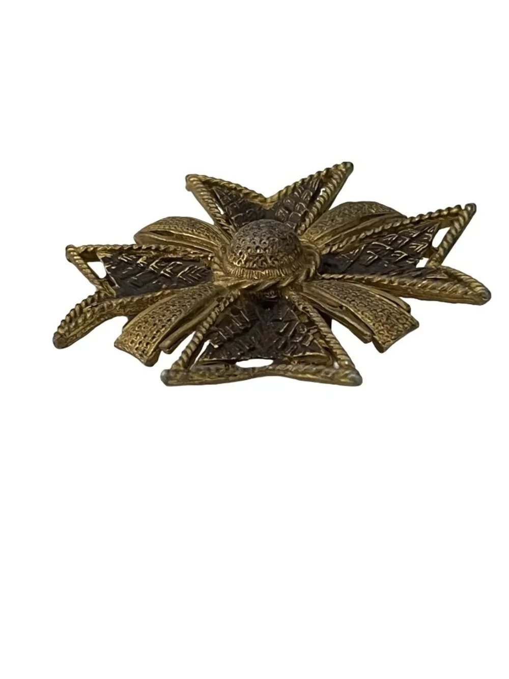 Vintage Maltese Cross Brooch Gold Tone Textured Ornate Statement Pin 2.5 Inch
